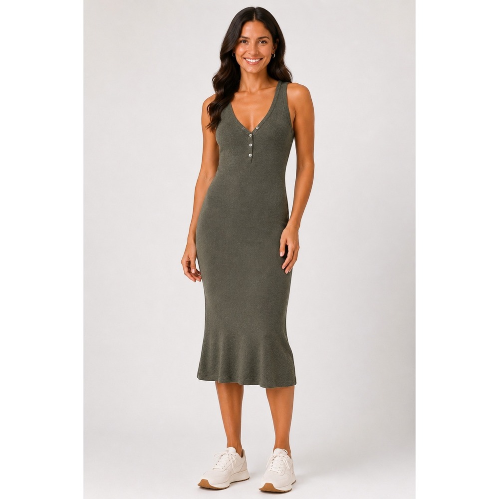 L'AGENCE Olive Green Ribbed Knit Henley Midi Dress Sleeveless Bodycon Small